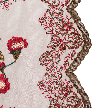 Italian Red, Gold and Green Metallic Floral Embroidery on Brown Tulle with Finished Edges