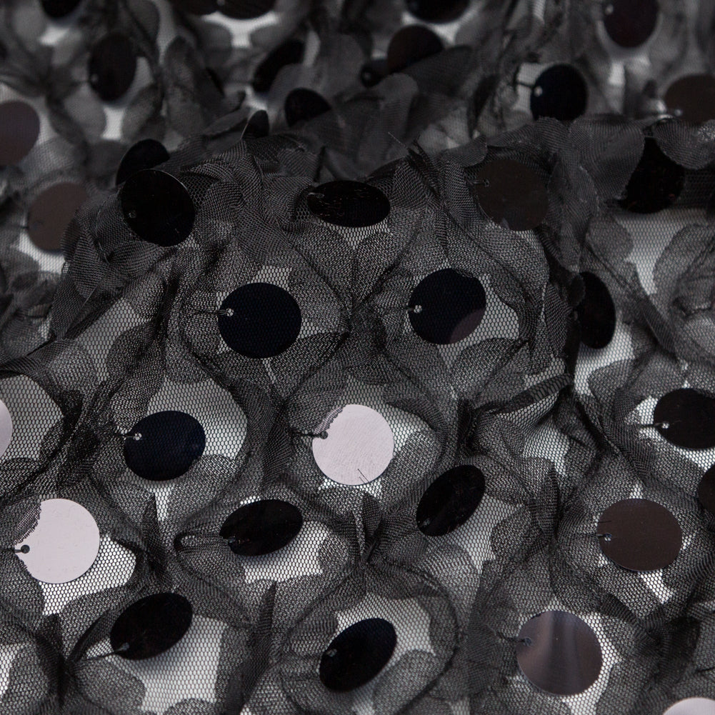 Italian Black 3D Floral Circle Paillette Sequined Tulle