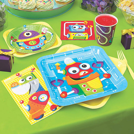 8 Count Silly Robot Party Square Paper Dinner Plates 9 Inch for Kids Birthday Celebration