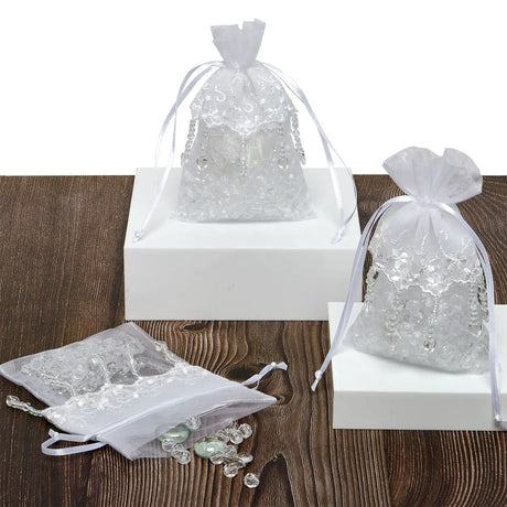 Lace Skirt Beaded Organza Bags White 4'' x 6'' for Gifts