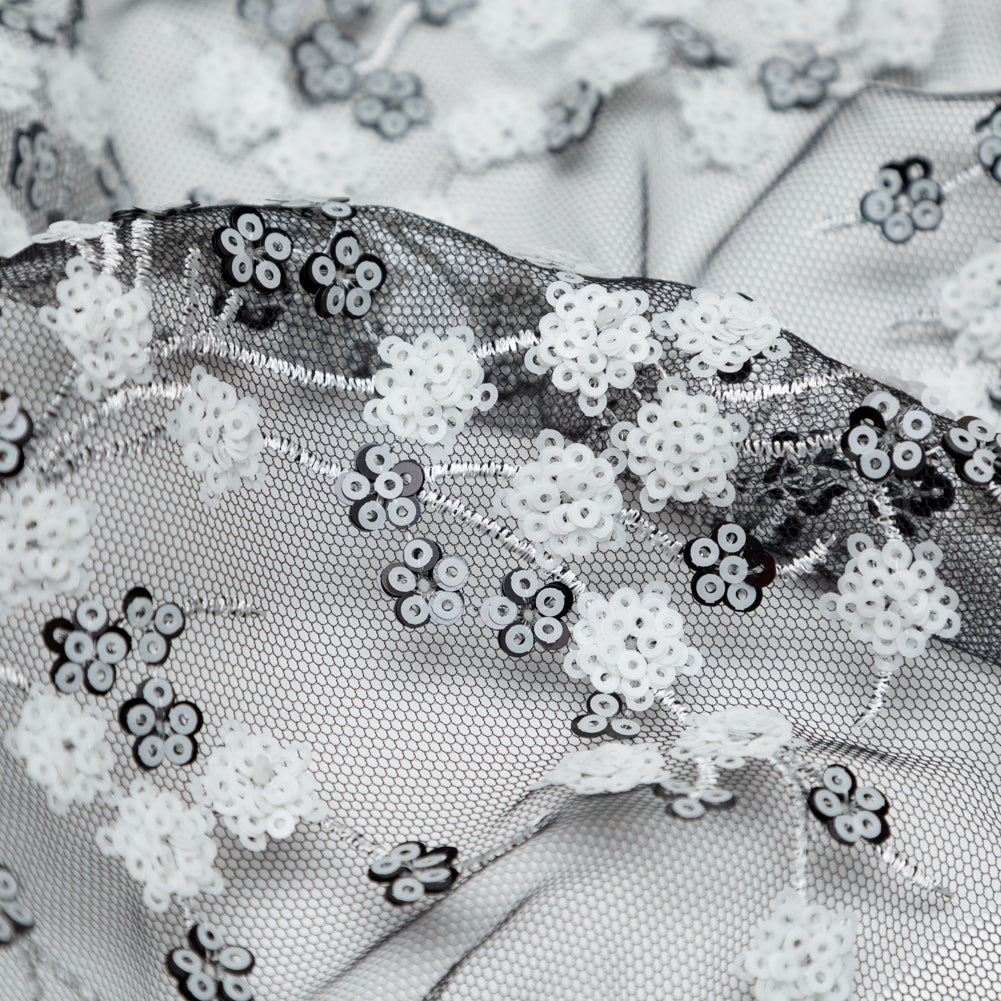 Stretch Net with Sequins - White Fancy Floral Clusters on Black