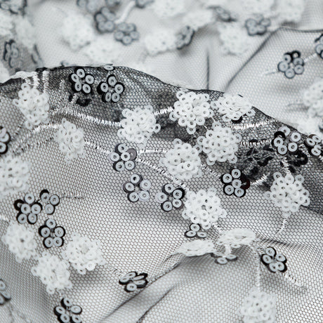 Stretch Net with Sequins - White Fancy Floral Clusters on Black