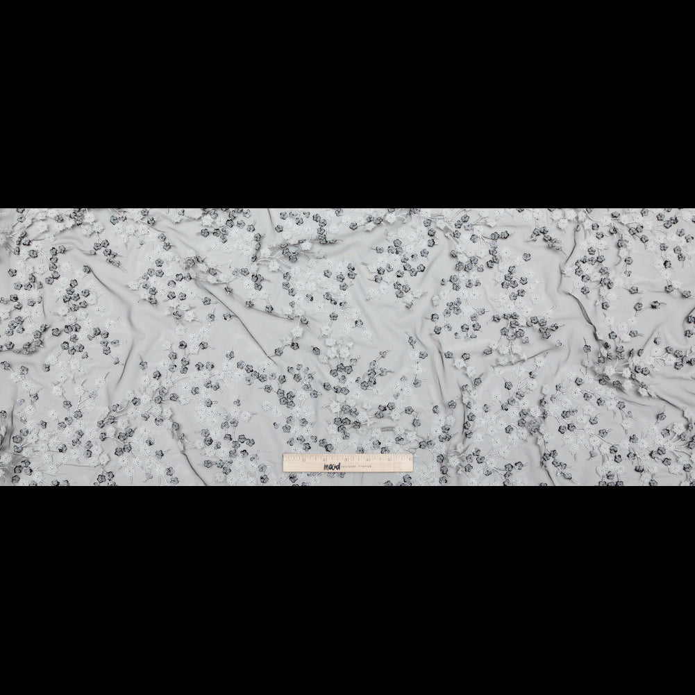 Stretch Net with Sequins - White Fancy Floral Clusters on Black
