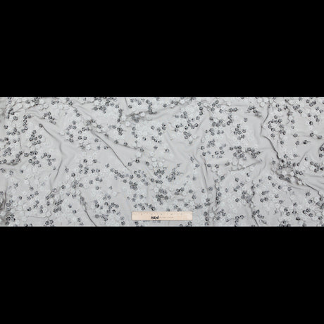 Stretch Net with Sequins - White Fancy Floral Clusters on Black