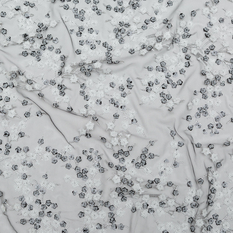 Stretch Net with Sequins - White Fancy Floral Clusters on Black