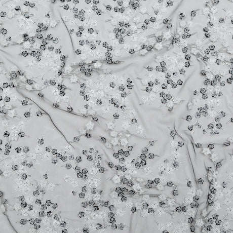 Stretch Net with Sequins - White Fancy Floral Clusters on Black