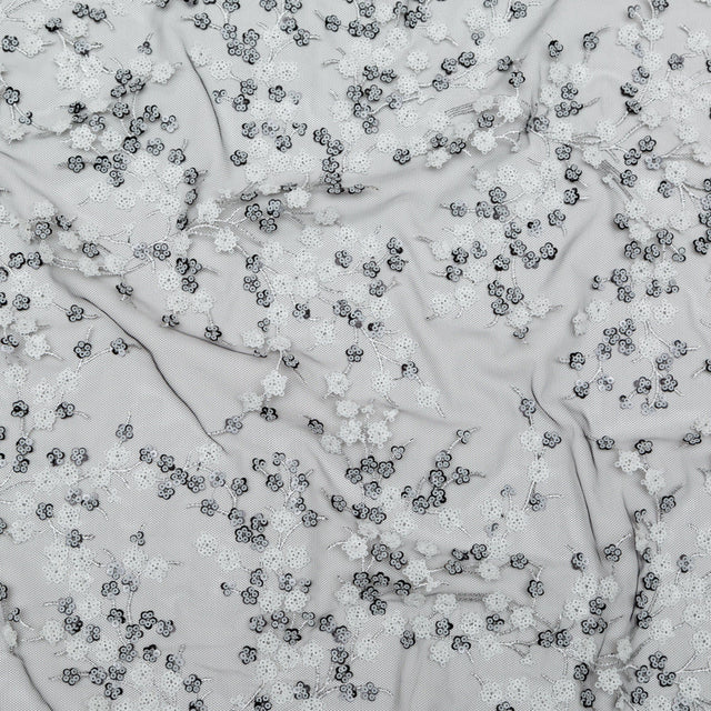 Stretch Net with Sequins - White Fancy Floral Clusters on Black