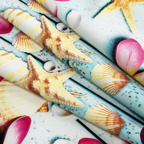 Compression Swimwear Tricot, UV Protective with Aloe Vera Microcapsules - Shells on an Aqua Boardwalk - Caye Collection