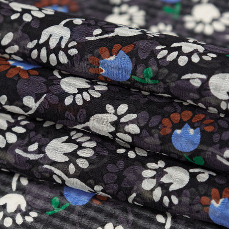 Famous NYC Designer Blackened Pearl, Jet Stream and Alaskan Blue Tossed Floral and Gingham Silk Georgette
