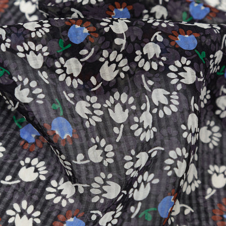Famous NYC Designer Blackened Pearl, Jet Stream and Alaskan Blue Tossed Floral and Gingham Silk Georgette