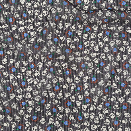 Famous NYC Designer Blackened Pearl, Jet Stream and Alaskan Blue Tossed Floral and Gingham Silk Georgette