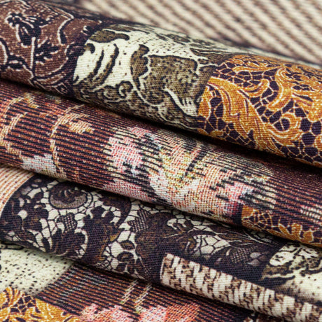 French Roast, Winter Twig and Castle Wall Patchwork Floral and Lace Printed Stretch Cotton Twill