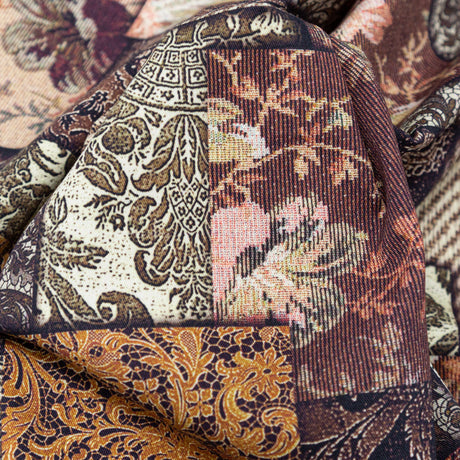 French Roast, Winter Twig and Castle Wall Patchwork Floral and Lace Printed Stretch Cotton Twill