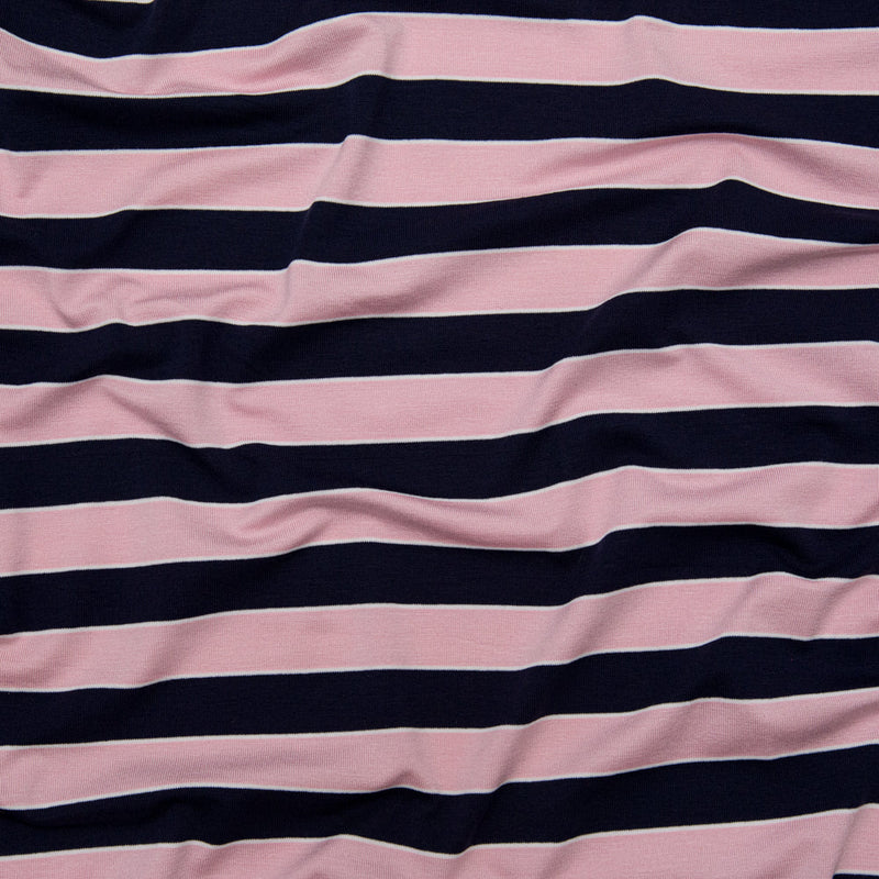 Cameo Pink and Evening Blue Awning Striped Polyester Jersey