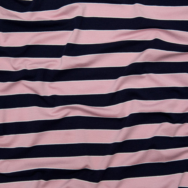 Cameo Pink and Evening Blue Awning Striped Polyester Jersey