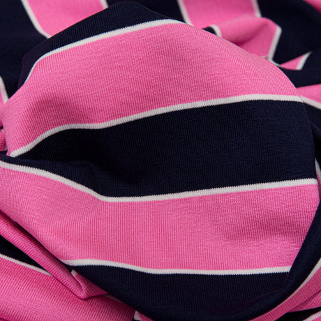 Wild Orchid and Evening Blue Awning Striped Polyester Jersey