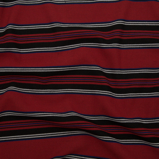 Italian Mazarine Blue, Antarctica and Aurora Red Striped Stretch Polyester Woven