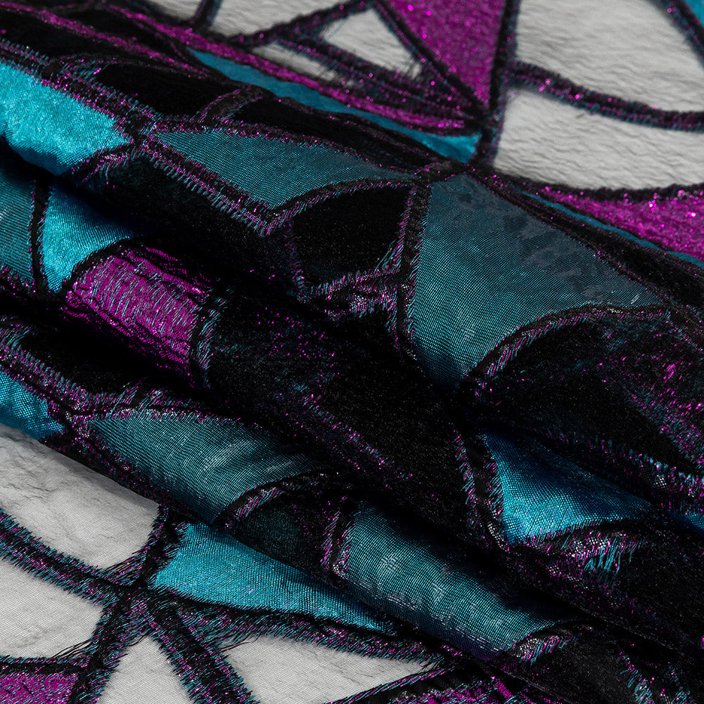 Metallic Teal and Sparkling Fuchsia Geometric Burnout Luxury Brocade
