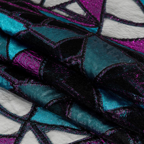 Metallic Teal and Sparkling Fuchsia Geometric Burnout Luxury Brocade