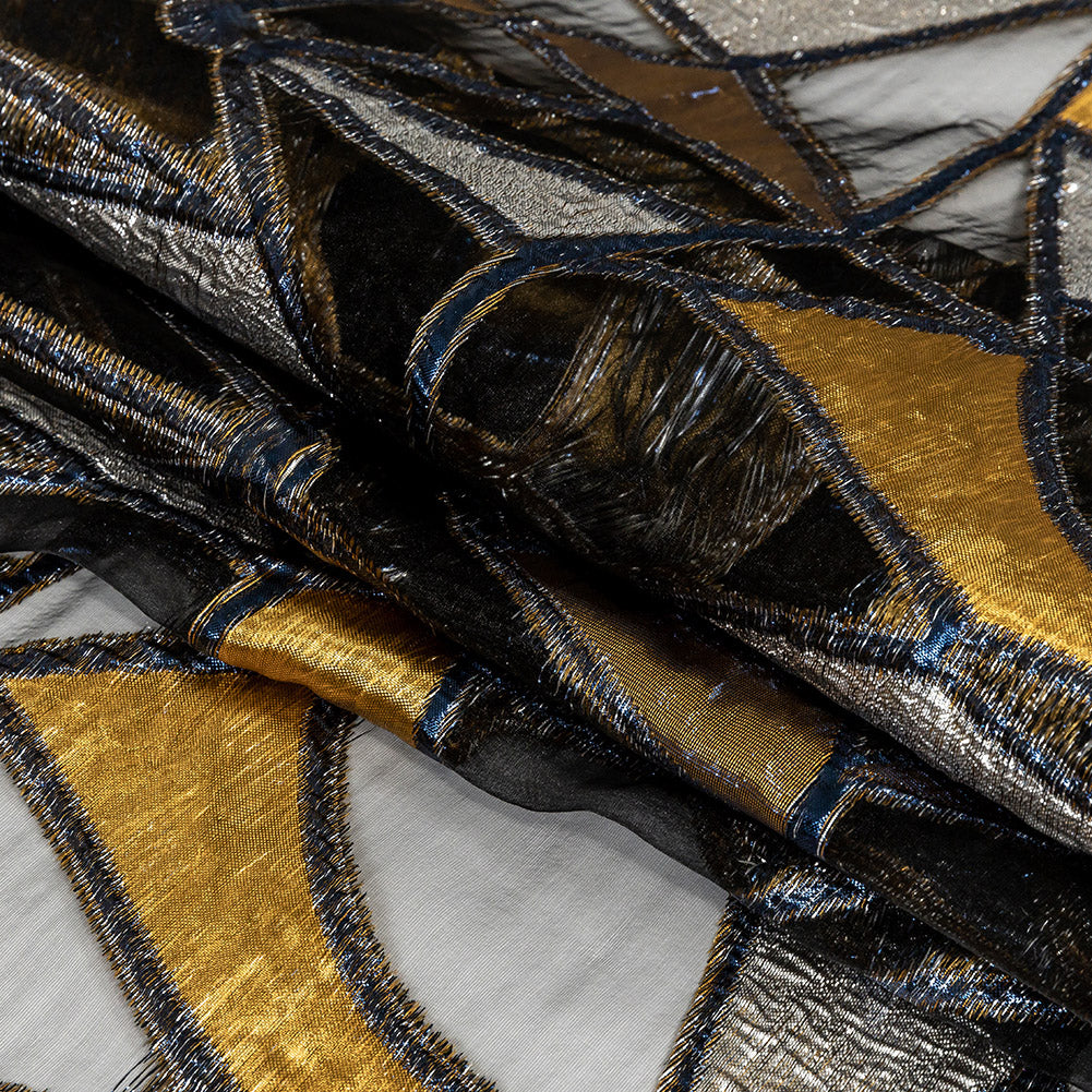 Metallic Gold, Neon Navy and Ice Flow Geometric Burnout Luxury Brocade