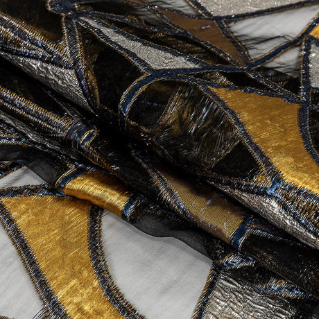 Metallic Gold, Neon Navy and Ice Flow Geometric Burnout Luxury Brocade