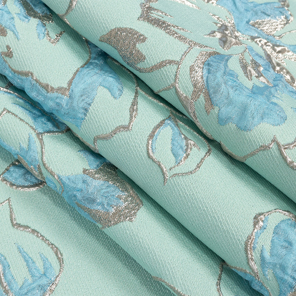 Metallic Gunmetal, Seafoam and Sky Blue Floral Luxury Brocade