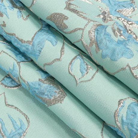 Metallic Gunmetal, Seafoam and Sky Blue Floral Luxury Brocade