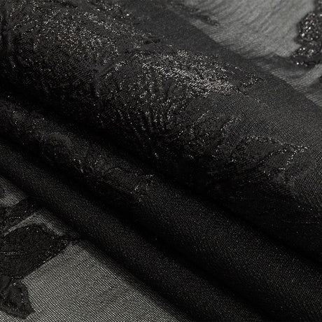 Metallic Black Floral Outlines Luxury Burnout Brocade
