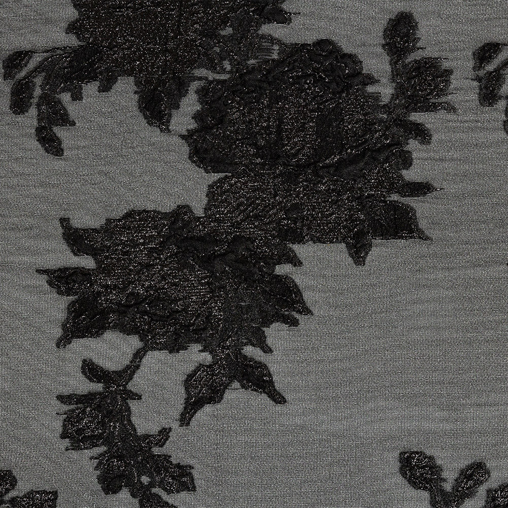 Metallic Black Floral Outlines Luxury Burnout Brocade