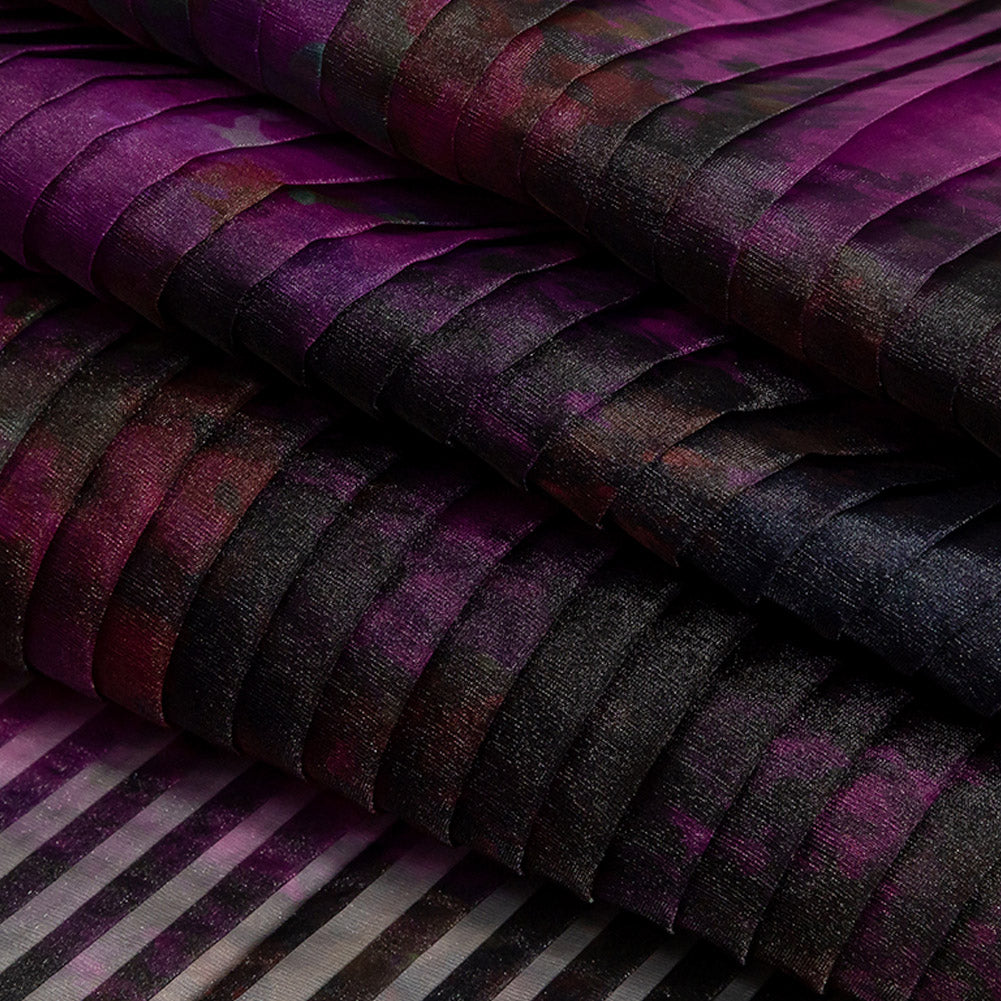 Accordion Pleated Organdy - Vivid Viola and Black Abstract