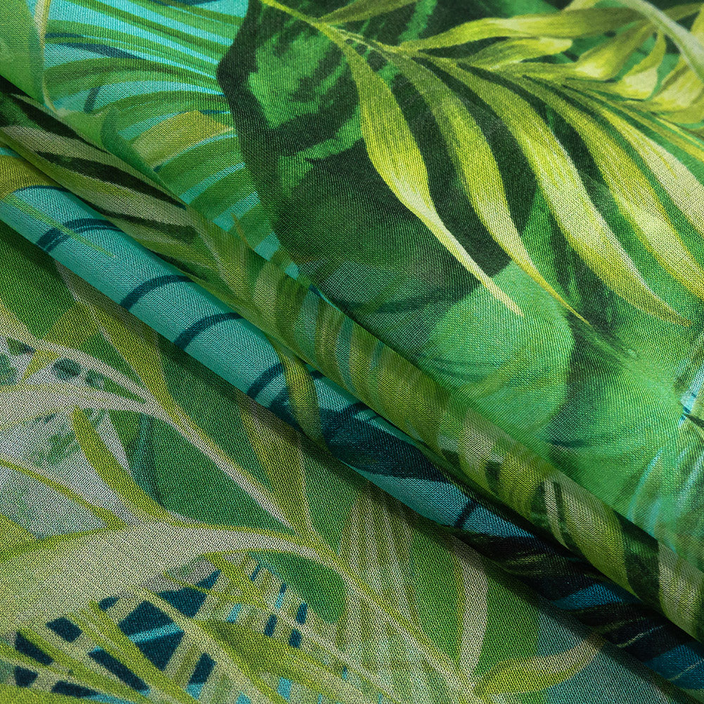 Mood Exclusive Italian Green and Blue Ferns and Foliage Digitally Printed Silk Chiffon