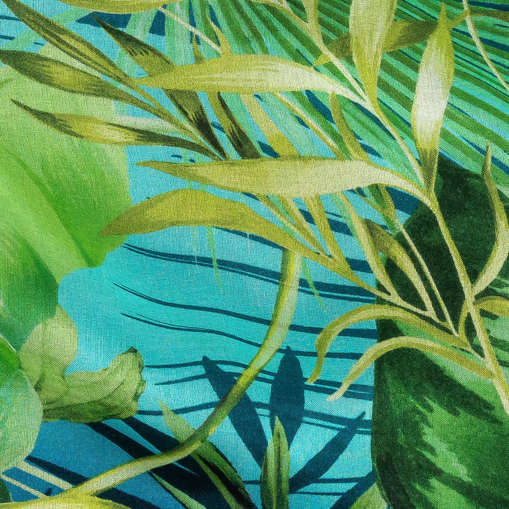 Mood Exclusive Italian Green and Blue Ferns and Foliage Digitally Printed Silk Chiffon