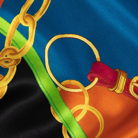 Mood Exclusive Italian Teal, Orange and Gold Chains and Purse Straps Digitally Printed Silk Charmeuse