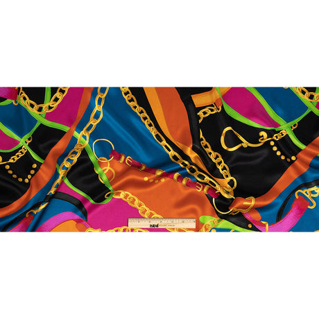 Mood Exclusive Italian Teal, Orange and Gold Chains and Purse Straps Digitally Printed Silk Charmeuse