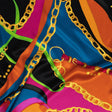 Mood Exclusive Italian Teal, Orange and Gold Chains and Purse Straps Digitally Printed Silk Charmeuse