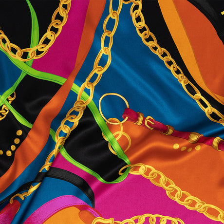 Mood Exclusive Italian Teal, Orange and Gold Chains and Purse Straps Digitally Printed Silk Charmeuse