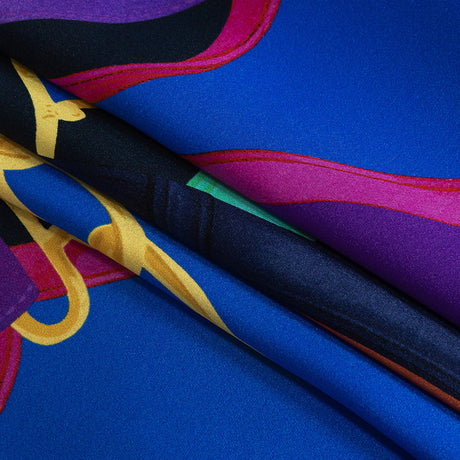 Mood Exclusive Italian Royal Blue, Orange and Gold Chains and Purse Straps Digitally Printed Silk Charmeuse