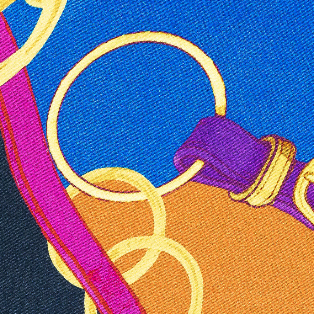 Mood Exclusive Italian Royal Blue, Orange and Gold Chains and Purse Straps Digitally Printed Silk Charmeuse