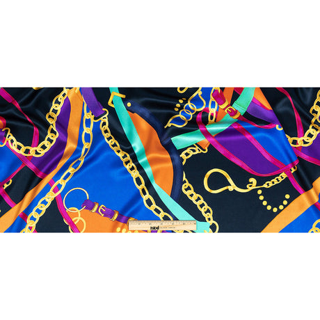 Mood Exclusive Italian Royal Blue, Orange and Gold Chains and Purse Straps Digitally Printed Silk Charmeuse