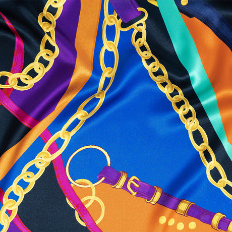 Mood Exclusive Italian Royal Blue, Orange and Gold Chains and Purse Straps Digitally Printed Silk Charmeuse