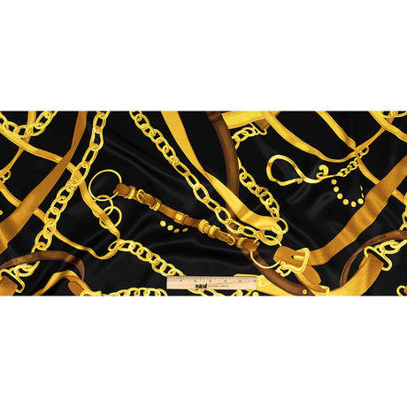 Mood Exclusive Italian Black and Gold Chains and Purse Straps Digitally Printed Silk Charmeuse