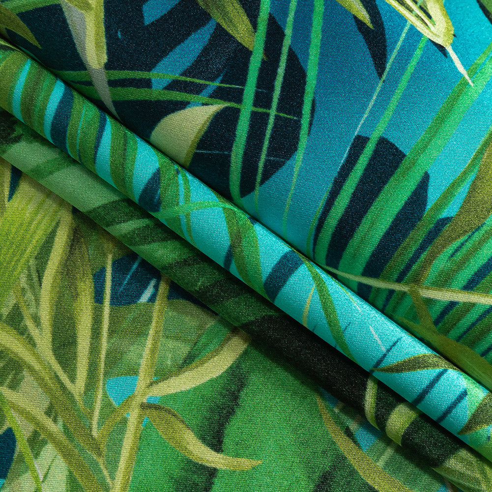 Mood Exclusive Italian Green and Blue Ferns and Foliage Digitally Printed Silk Charmeuse