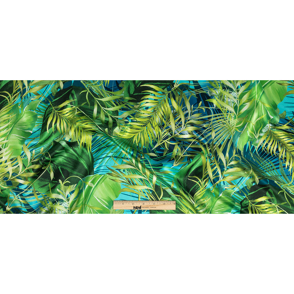 Mood Exclusive Italian Green and Blue Ferns and Foliage Digitally Printed Silk Charmeuse