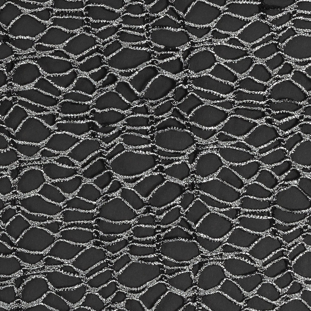 Webbed Guipure Lace - Black with Metallic Silver Foil