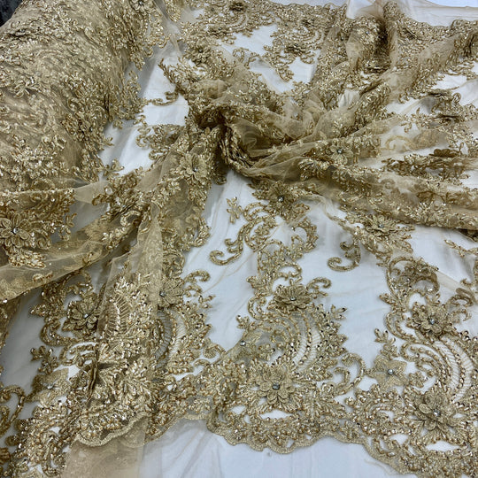 1 Yard Beaded 3D Floral Lace Fabric Embroidered on Polyester Net Mesh 52 inch Width