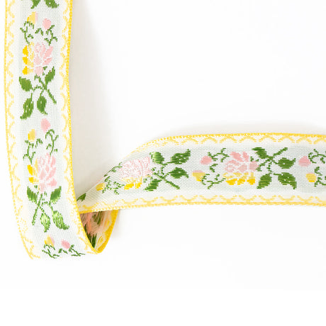 Yellow, Pink and Green Floral German Jacquard Ribbon - 0.875"