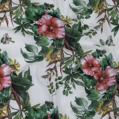 Mercerized Organic Egyptian Cotton Voile - Coral Florals and Foliage - Toulouse Collection