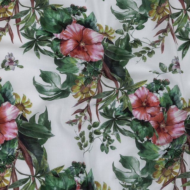 Mercerized Organic Egyptian Cotton Voile - Coral Florals and Foliage - Toulouse Collection