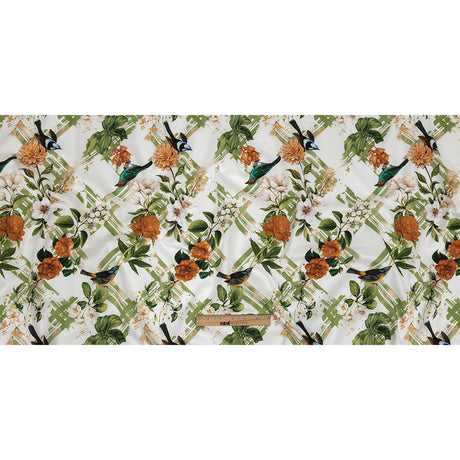 Mercerized Organic Egyptian Cotton Shirting - Leaf Green and Orange Crosshatch Brids and Florals - Ravello Collection