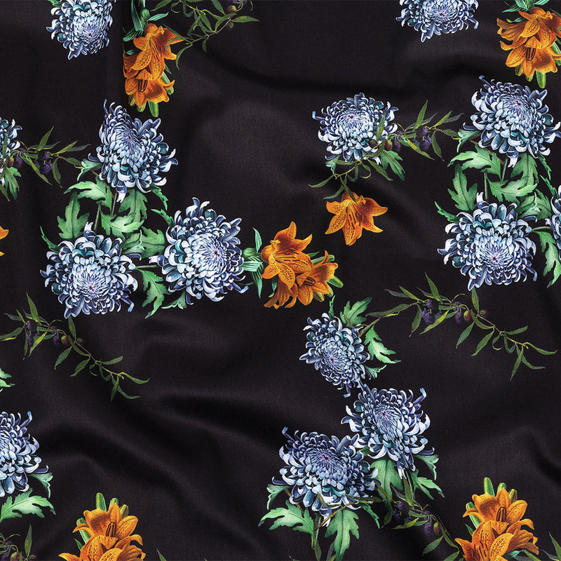 Mercerized Organic Egyptian Cotton Shirting - Tiger Lilies and Chrysanthemums - Ravello Collection